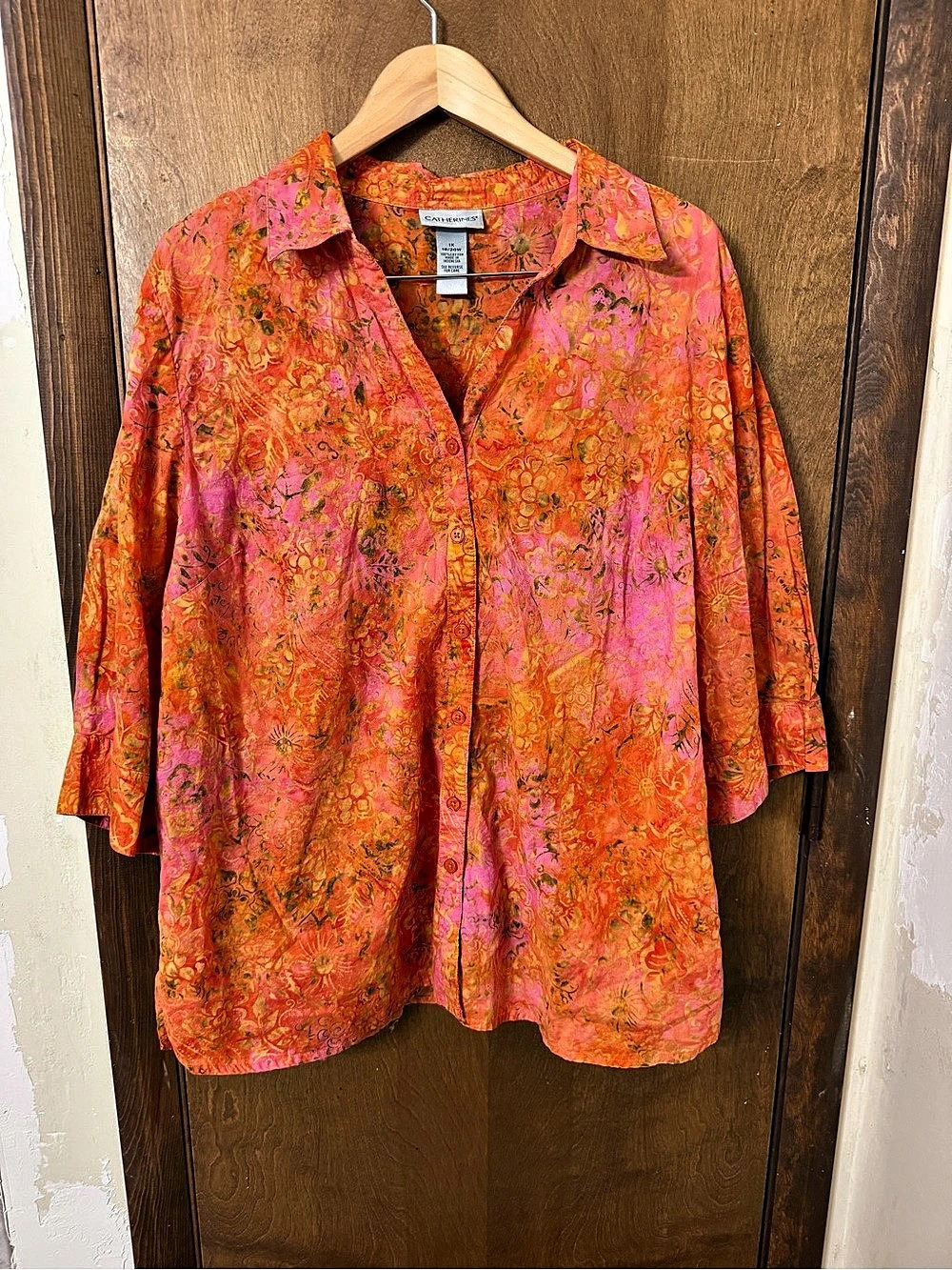 Catherines 1X Floral Button-Front Cotton Shirt Pink & Orange Lightweight